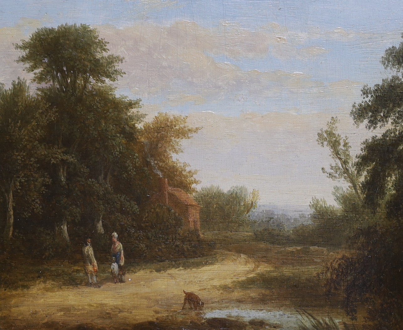 Circle of Ramsay Richard Reinage RA (1775-1862), oil on wooden panel, Figures in a landscape, 15 x 18cm